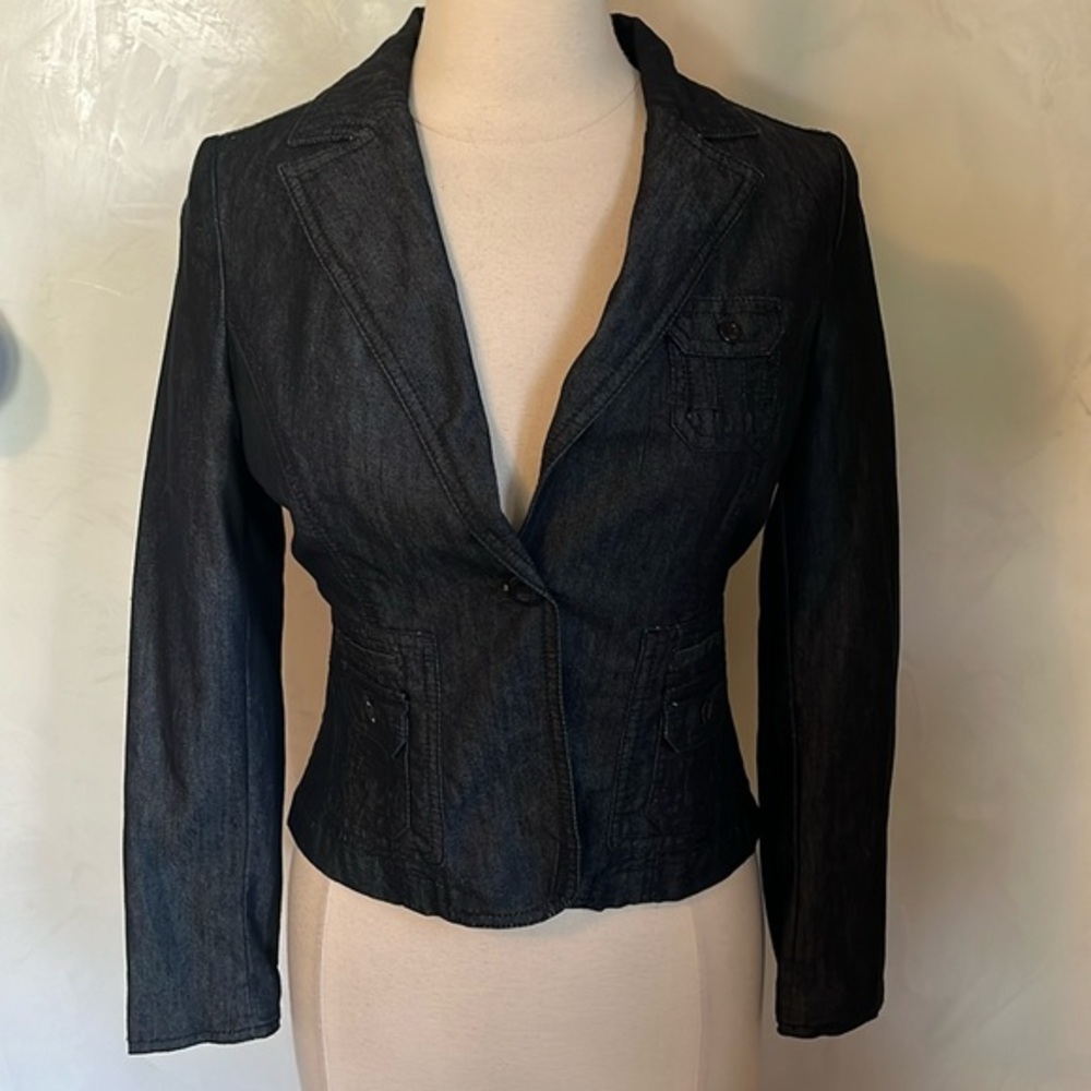 Apostrophe Dark Blue chambray Blazer w/embroidered Gold part lining Size 8P